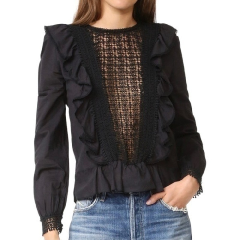 Love Sam Women’s S Black Long Sleeve Cotton Voile Ruffle Front Embroidered Top